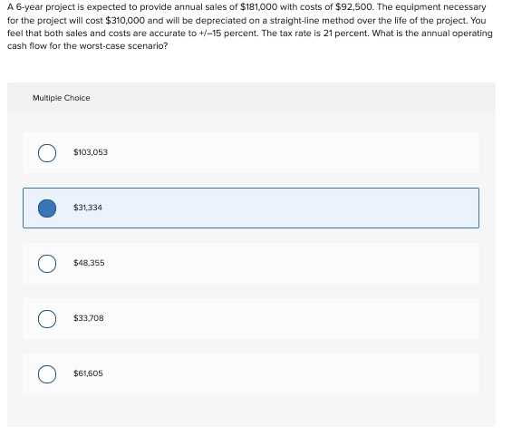  A 6-year project is expected to provide annual sales of $181,000