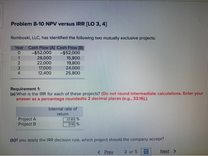  Problem 8-10 NPV versus IRR [LO 3, 4 Romboski, LLC, has