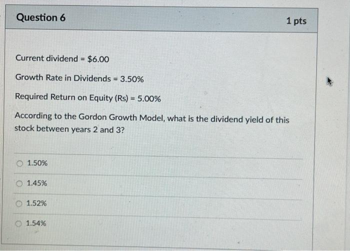  Question 6 1 pts Current dividend = $6.00 Growth Rate in