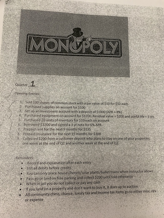  enter into chart account plug these categories into the chart. MONOPOLY