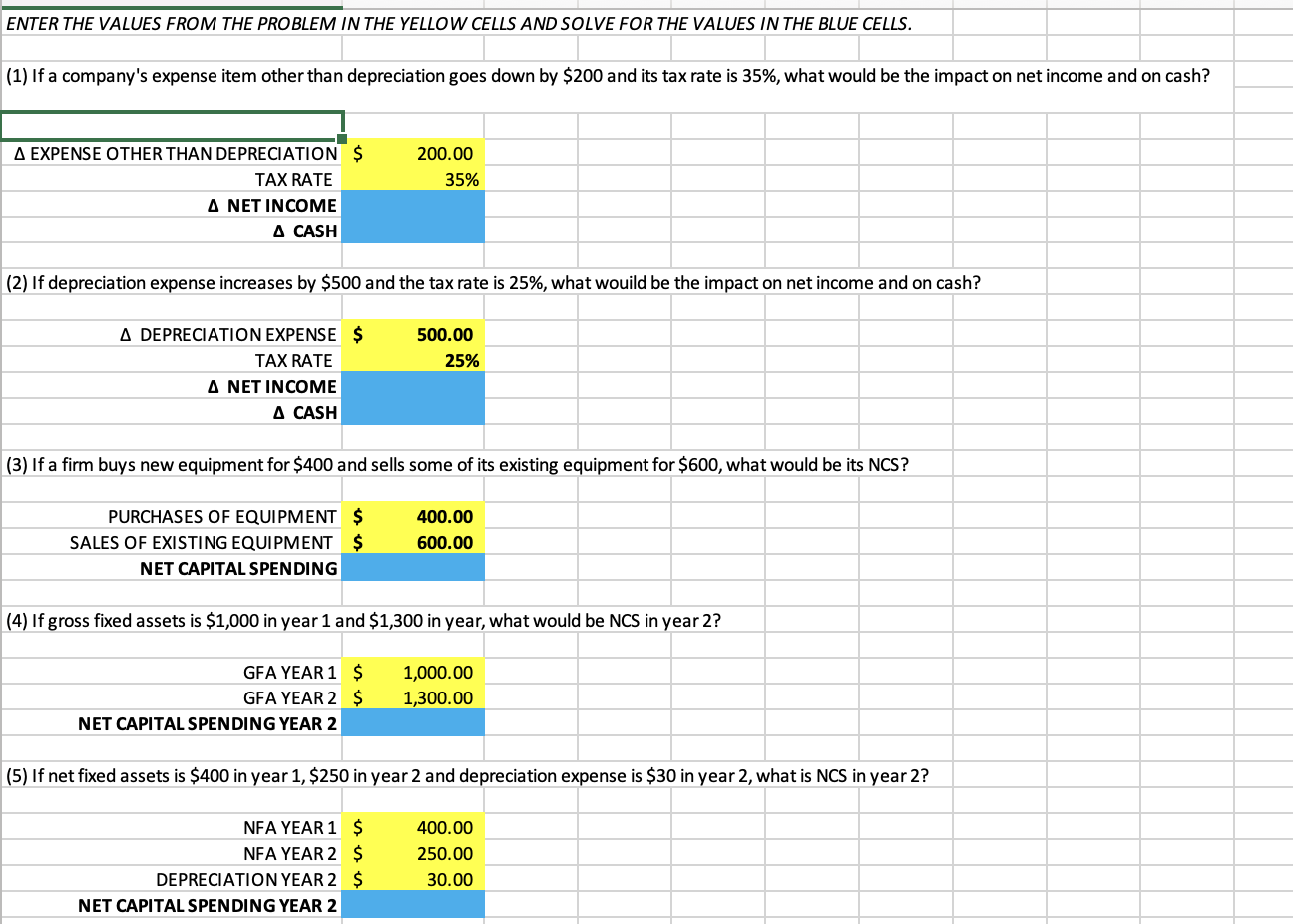  ENTER THE VALUES FROM THE PROBLEM IN THE YELLOW CELLS AND