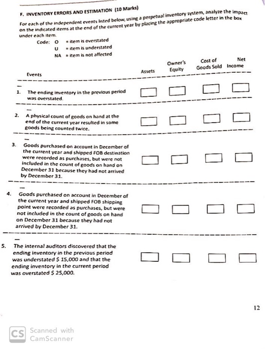  F. INVENTORY ERRORS AND ESTIMATION (10 Marks) For each of the