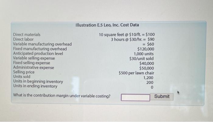  Illustration E.5 Leo, Inc. Cost Data Direct materials 10 square feet