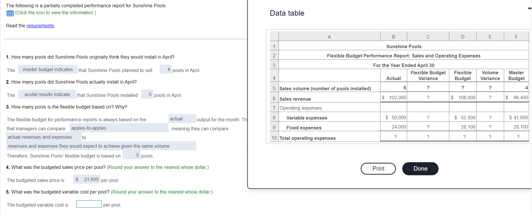 The following is a partially completed performance report for Sunshine Pools.
