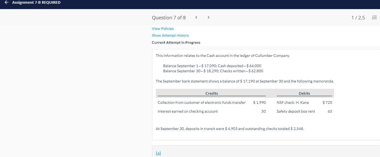 assignment 7b q7 Assignment 7-B REQUIRED Question 7 of 8 1/2.5 III