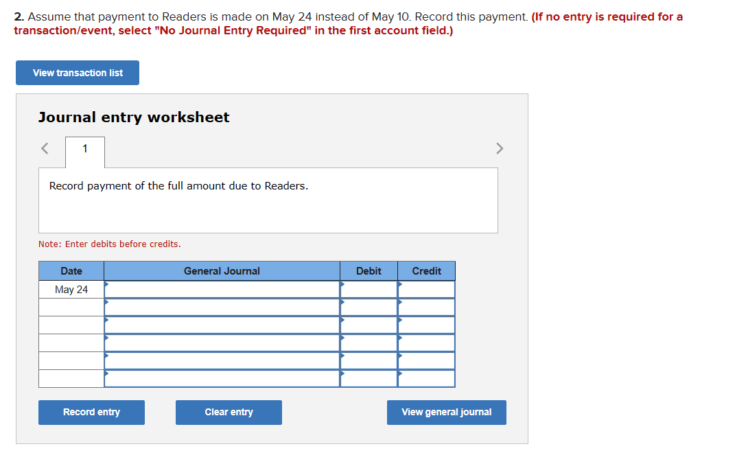 from Readers Wholesale for $2,900, terms 2/10, n/30. May 3 Pays cash