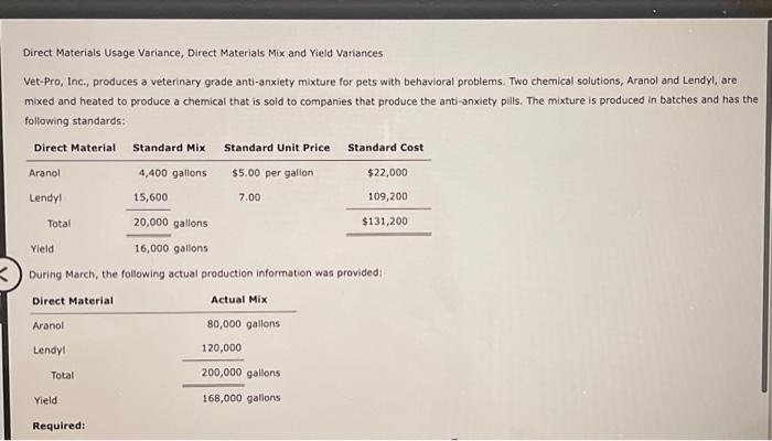  Direct Materials Usage Variance, Direct Materials Mix and Yield Variances Vet-Pro,