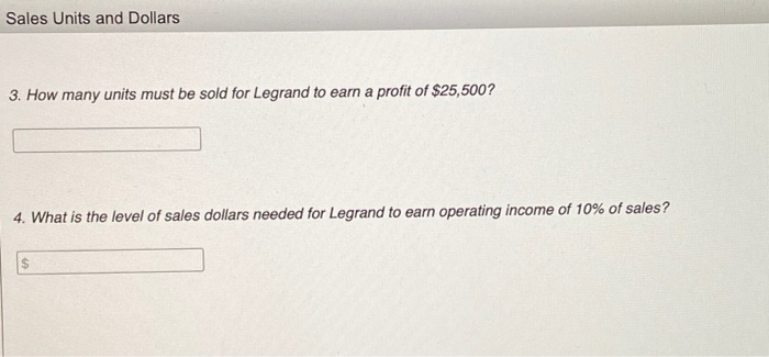 sold. Required: 1. What is the break-even point in units for Legrand?