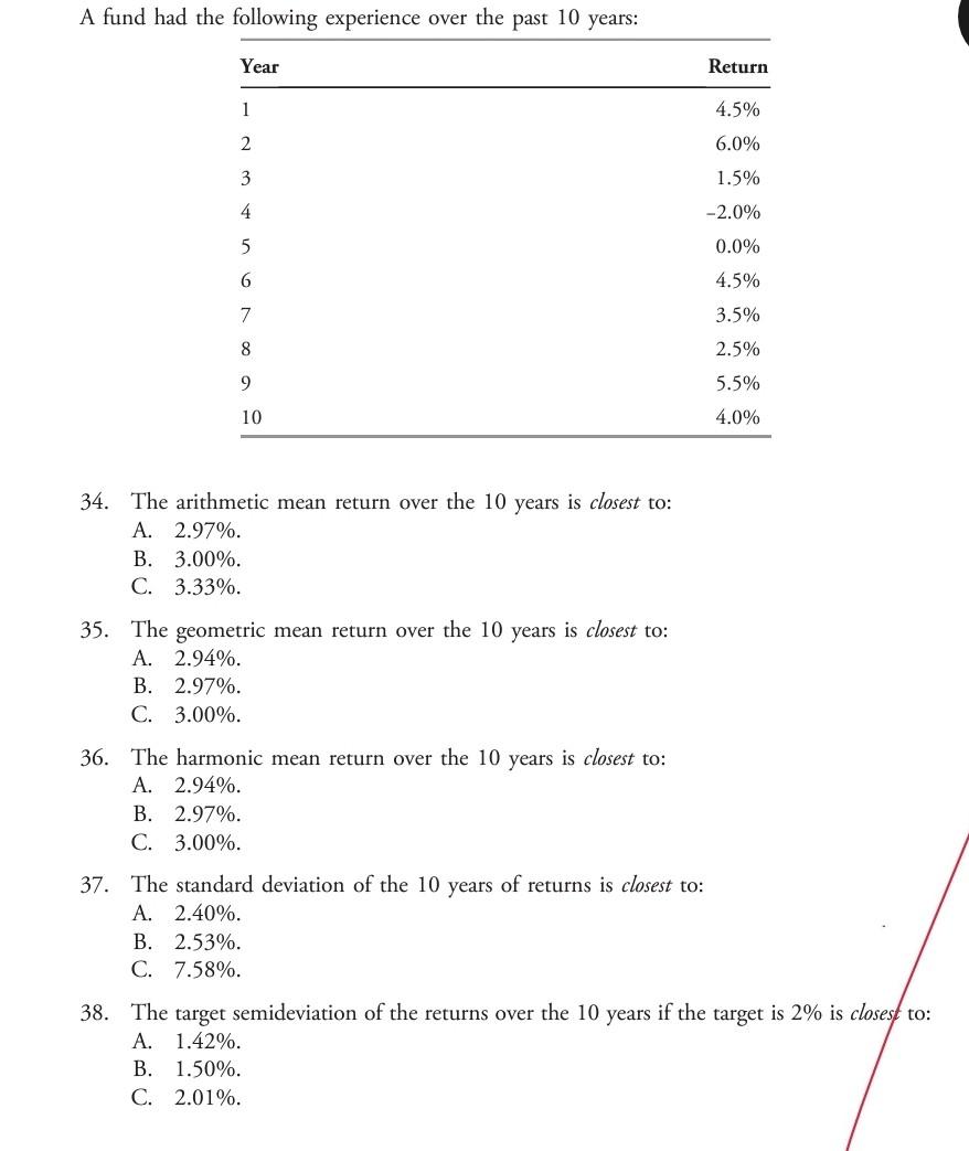 34. The arithmetic mean return over the 10 years is closest