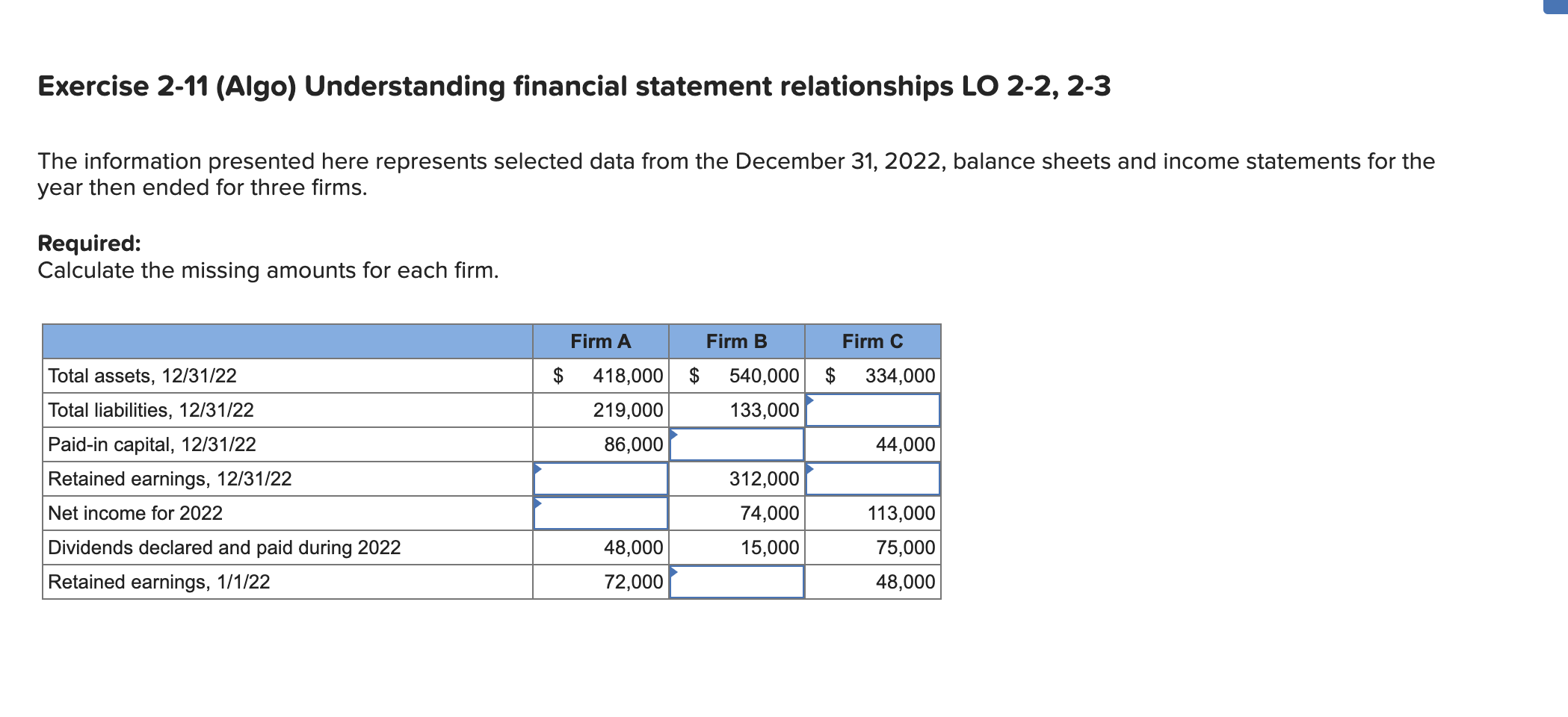 Exercise 2-11 (Algo) Understanding financial statement relationships LO 2-2, 2-3 The