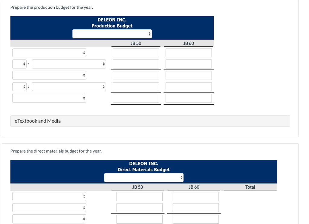 50 JB 60 Sales budget: Anticipated volume in units Unit selling price