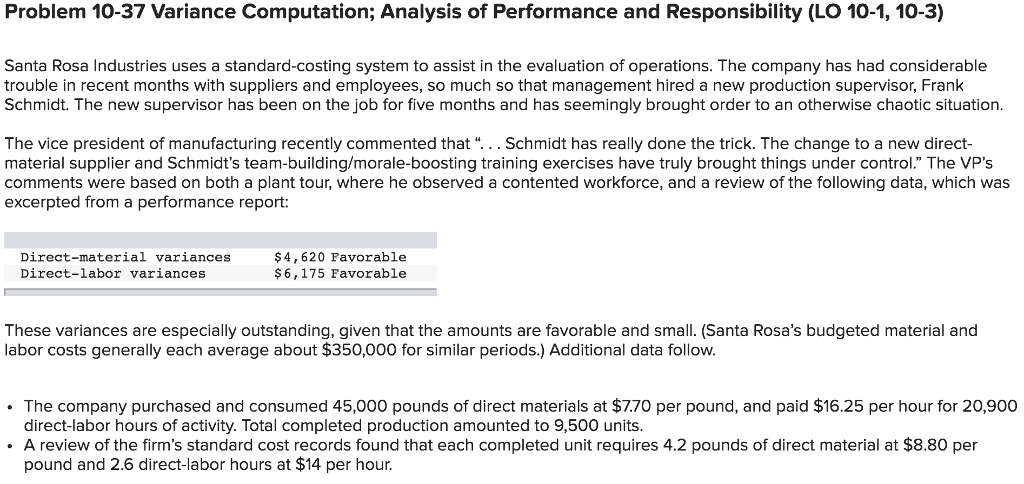  Problem 10-37 Variance Computation; Analysis of Performance and Responsibility (LO 10-1,