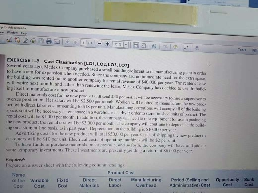  pdt-Adabe Reade ew Window Help EXERCISE I-9 Cost Classification [LOI, LO2,
