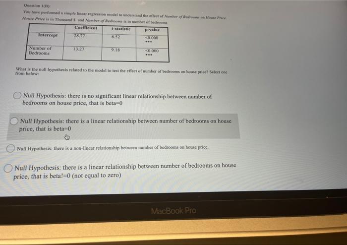  Question 1) You have performed a simple linear regression model to