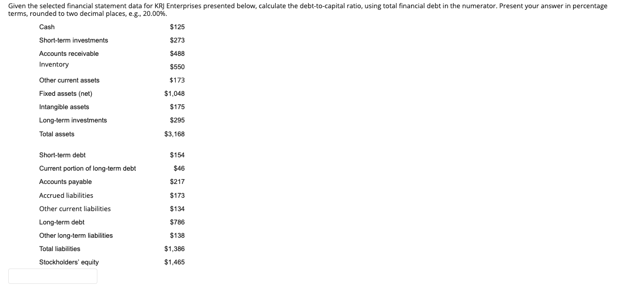  Given the selected financial statement data for KRJ Enterprises presented below,