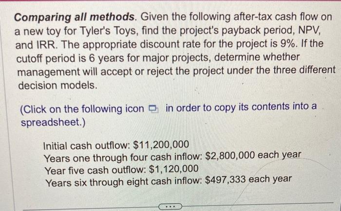  please show work! Comparing all methods. Given the following after-tax cash