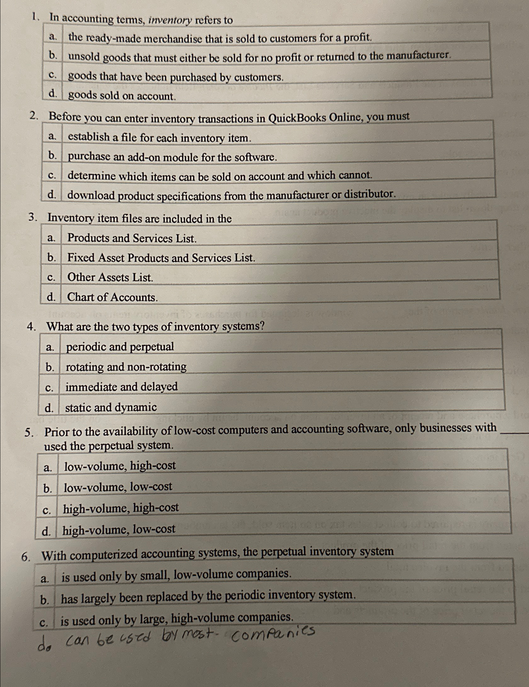  In accounting terms, inventory refers to a. the ready-made merchandise that