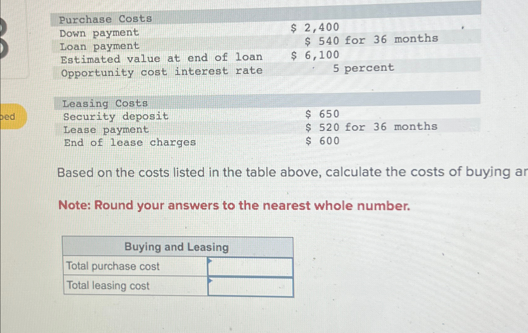  Purchase Costs Down payment Loan payment Estimated value at end of