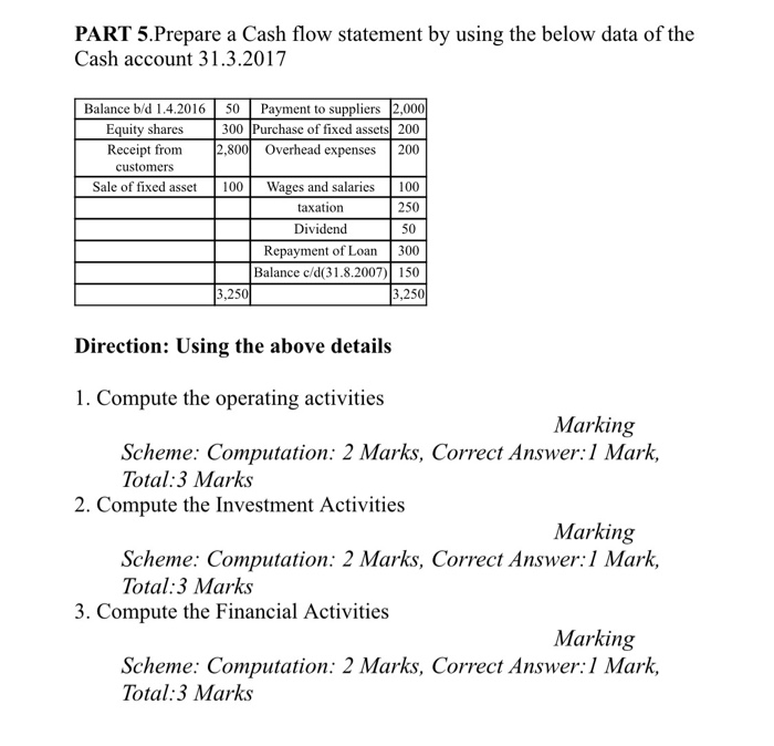 PART 5.Prepare a Cash flow statement by using the below data
