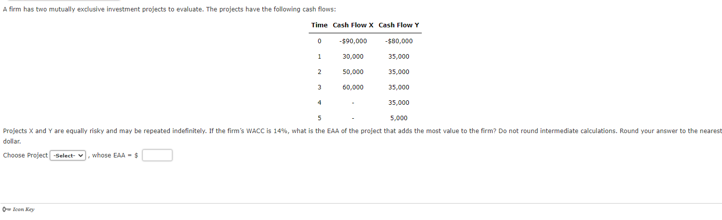 A firm has two mutually exclusive investment projects to evaluate. The