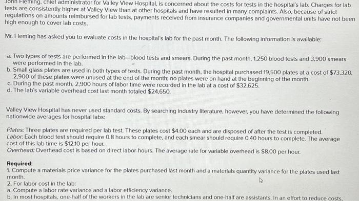 please help with all parts Jonn Fleming, Chief administrator for Valley View