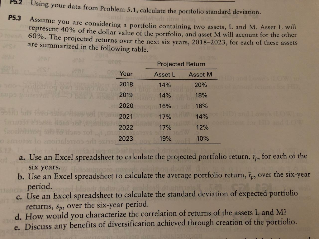  P5.2 Using your data from Problem 5.1, calculate the portfolio standard