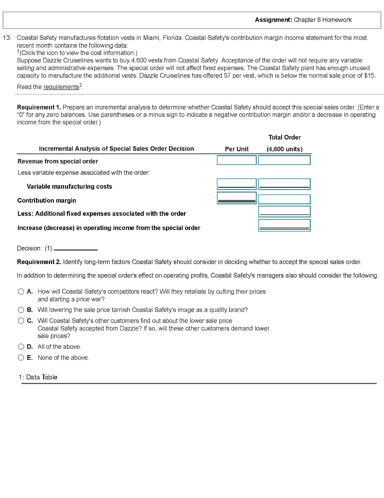  Assignment: Chapter 8 Homework 13. Coastal Safety manufactures flotation vests in