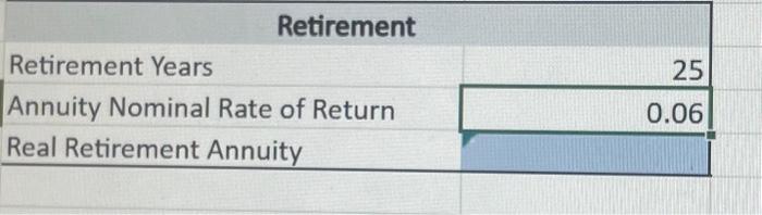 years. For simplicity, ignore taxes during retirement years. \begin{tabular}{|c|c|c|c|c|c|c|c|c|} \hline & &
