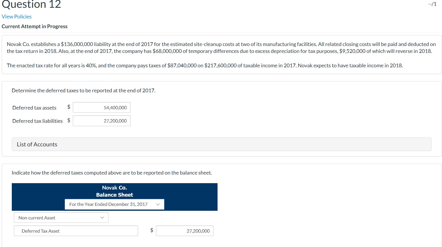  Question 12 --/1 View Policies Current Attempt in Progress Novak Co.