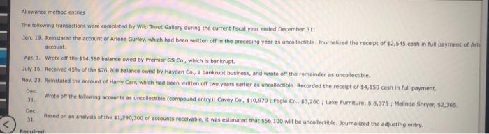 ASAP Allowance method entries The following transections were completed by Wild Trout