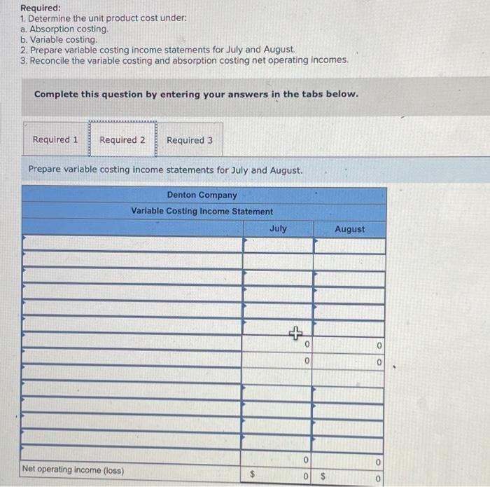 b. Variable costing. 2. Prepare variable costing income statements for July and