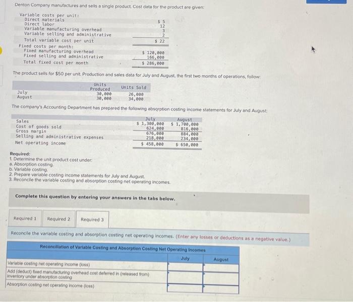 August. 3. Reconcile the variable costing and absorption costing net operating incomes.