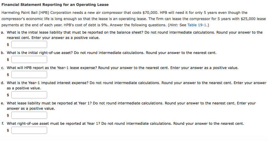 Financial Statement Reporting for an Operating Lease Harmeling Paint Ball (HPB)