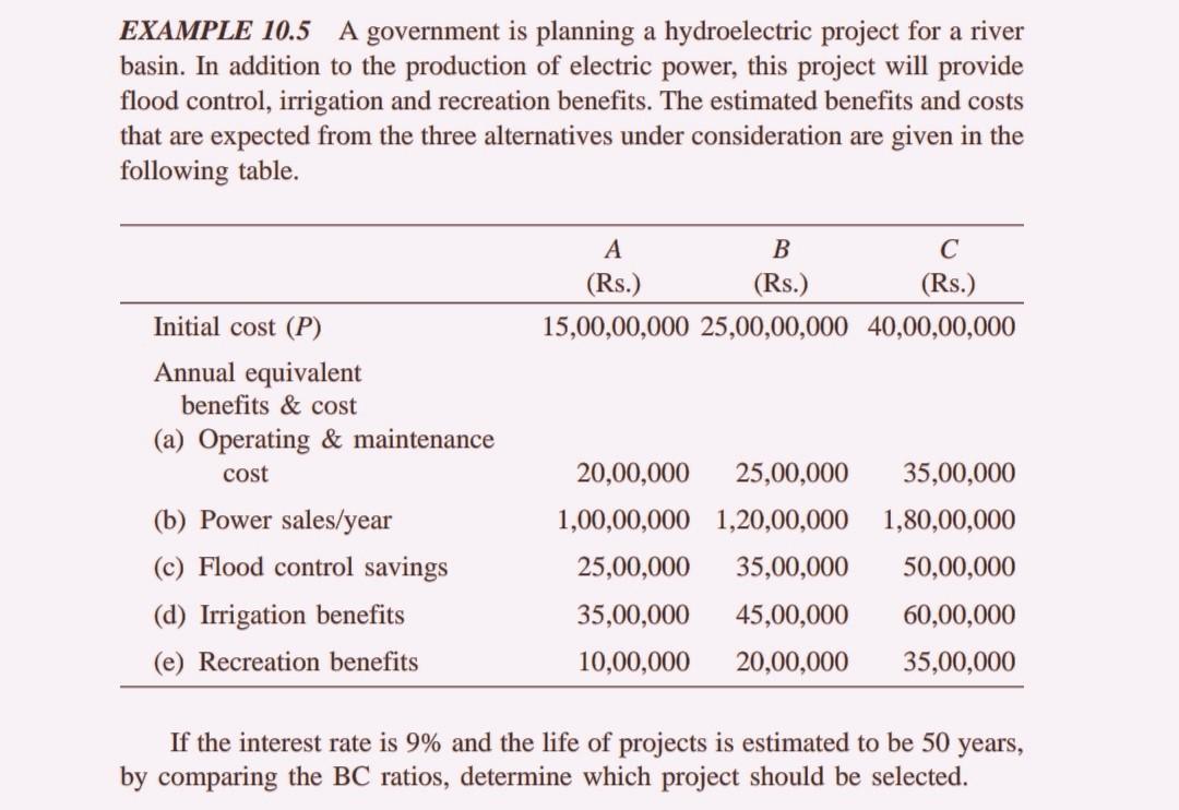  EXAMPLE 10.5 A government is planning a hydroelectric project for a