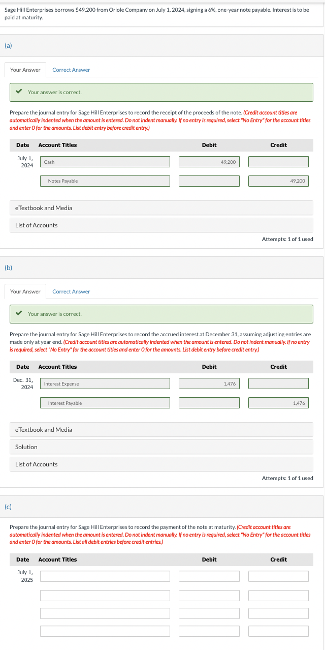  Sage Hill Enterprises borrows $49,200 from Oriole Company on July 1,2024,