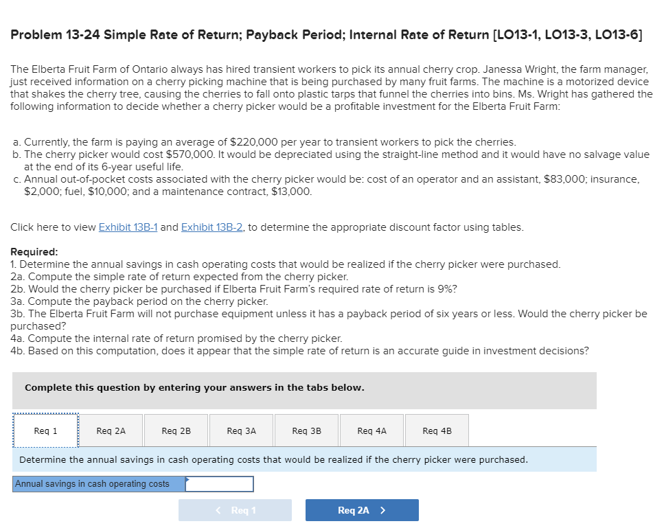  Problem 13-24 Simple Rate of Return; Payback Period; Internal Rate of