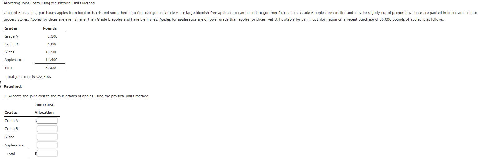 Allocating Joint Costs Using the Physical Units Method Orchard Fresh, Inc., purchases