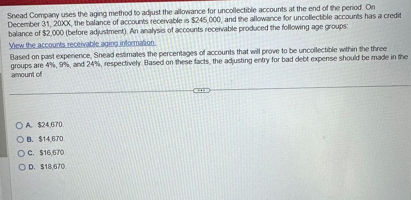  Snead Company uses the aging method to adjust the allowance for
