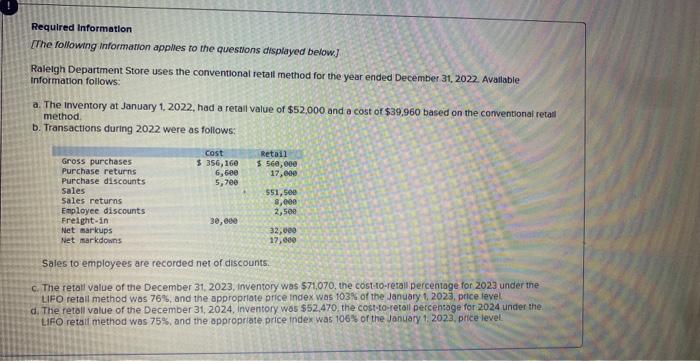  Requlred: 1. Estimate ending inventory for 2022 using the conventional retall