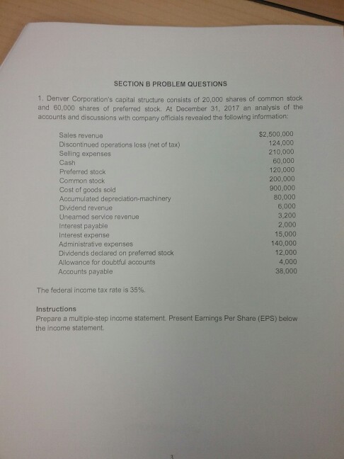  SECTION B PROBLEM QUESTIONS 1. Denver Corporation's capital structure consists of