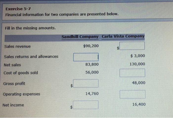 Exercise 5-7 Financial information for two companies are presented below. Fill