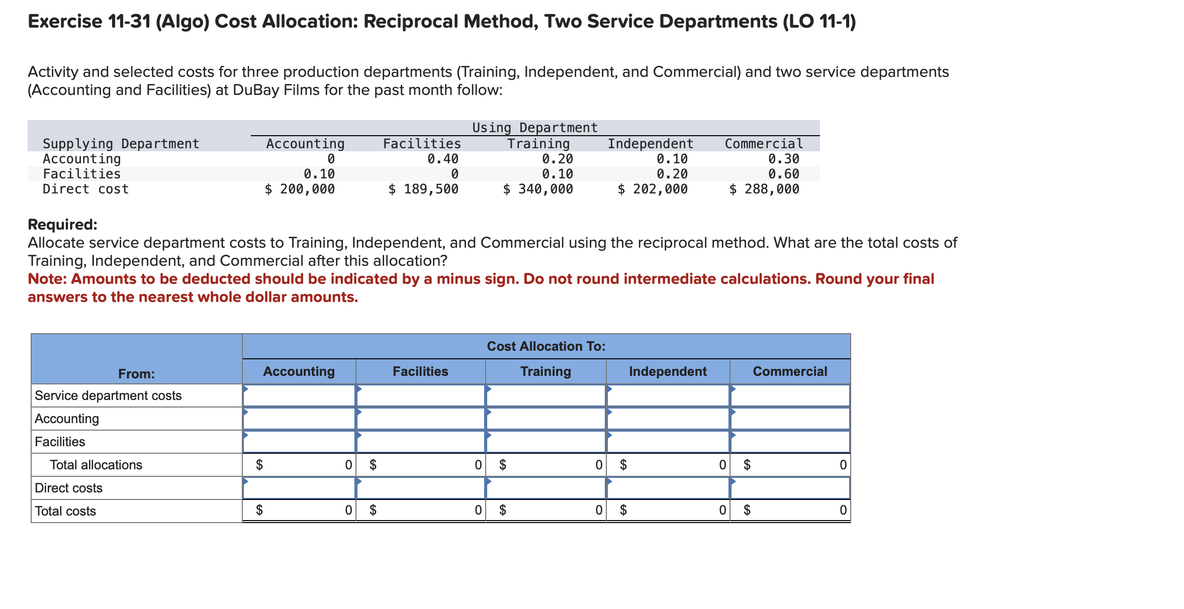  Exercise 11-31(Algo) Cost Allocation: Reciprocal Method, Two Service Departments (LO 11-1)