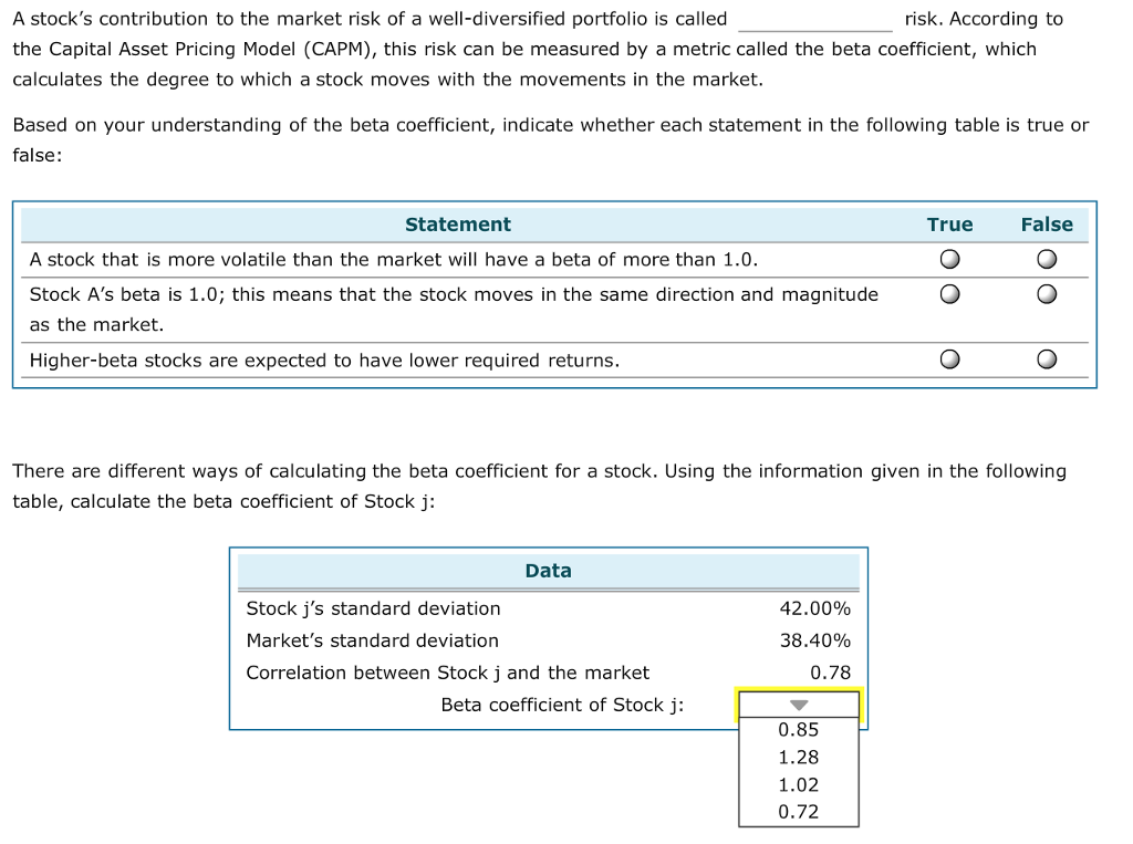 BLANK 1 OPTIONS: Systematic or Unsystematic A stock's contribution to the market