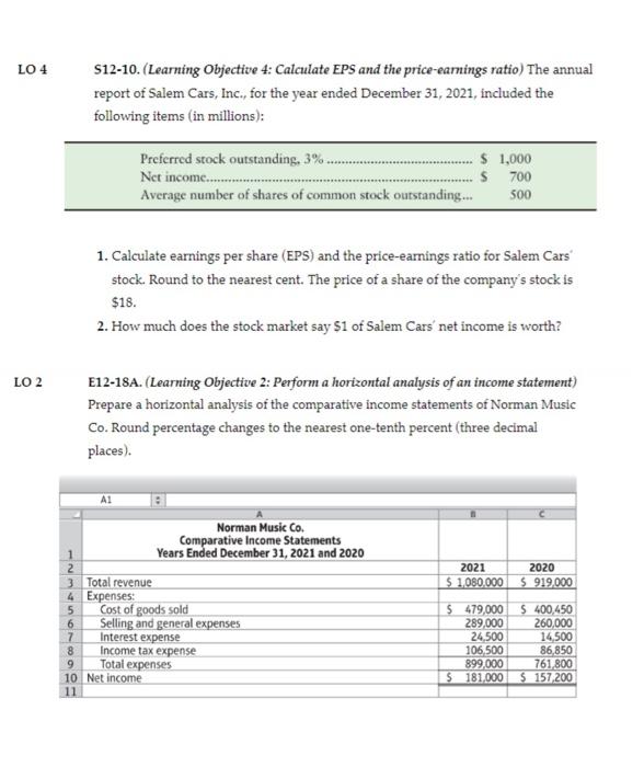 pls answer S12-10. (Learning Objective 4: Calculate EPS and the price-earnings ratio)