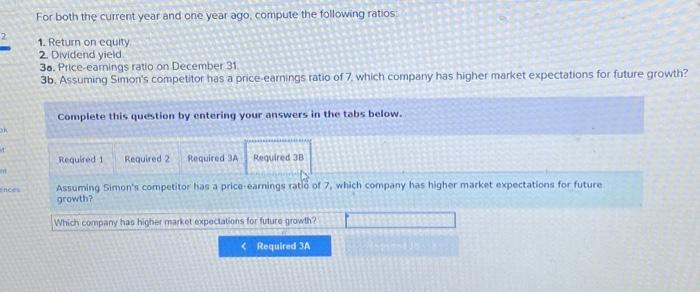 Return on equity. 2. Dividend yield. 3o. Price-earnings ratio on December 31.