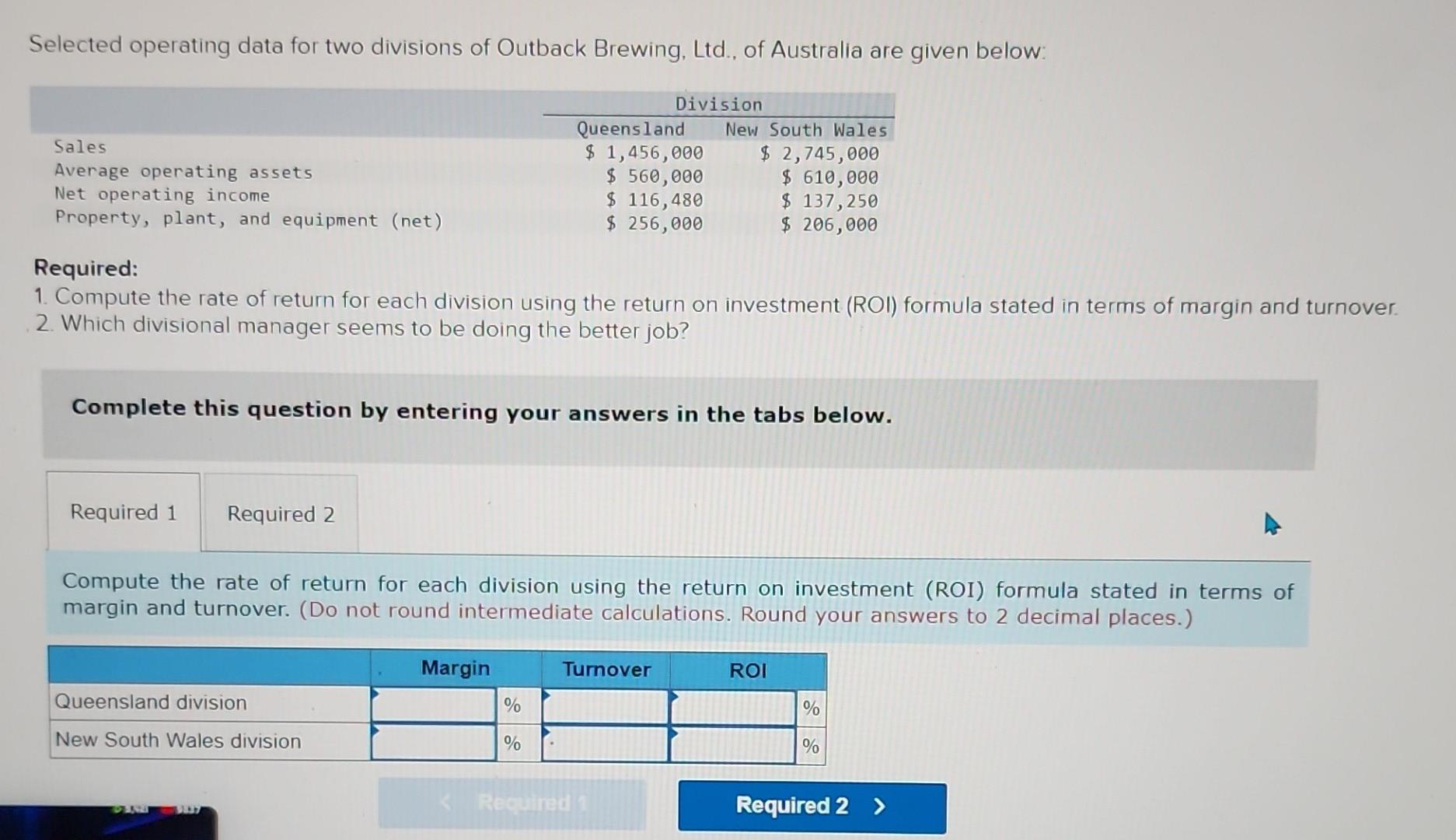  Selected operating data for two divisions of Outback Brewing, Ltd., of