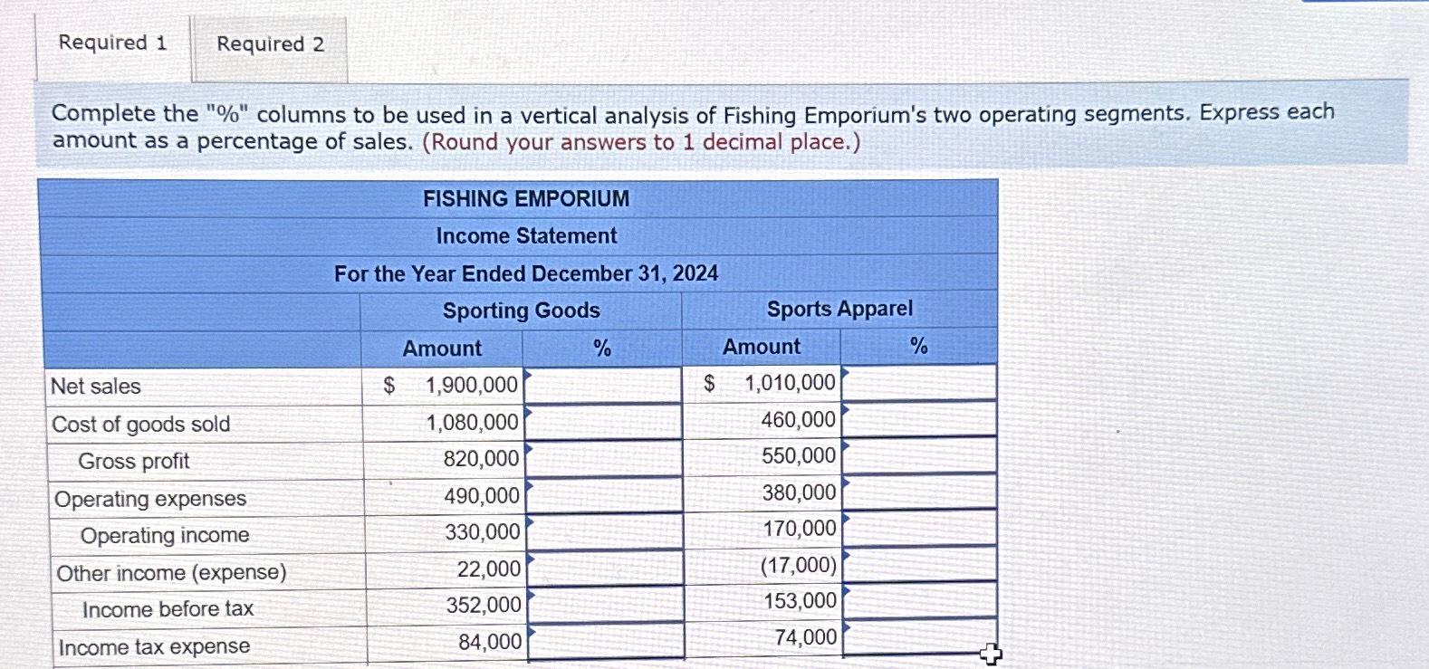  Required 1 Complete the "%" columns to be used in a