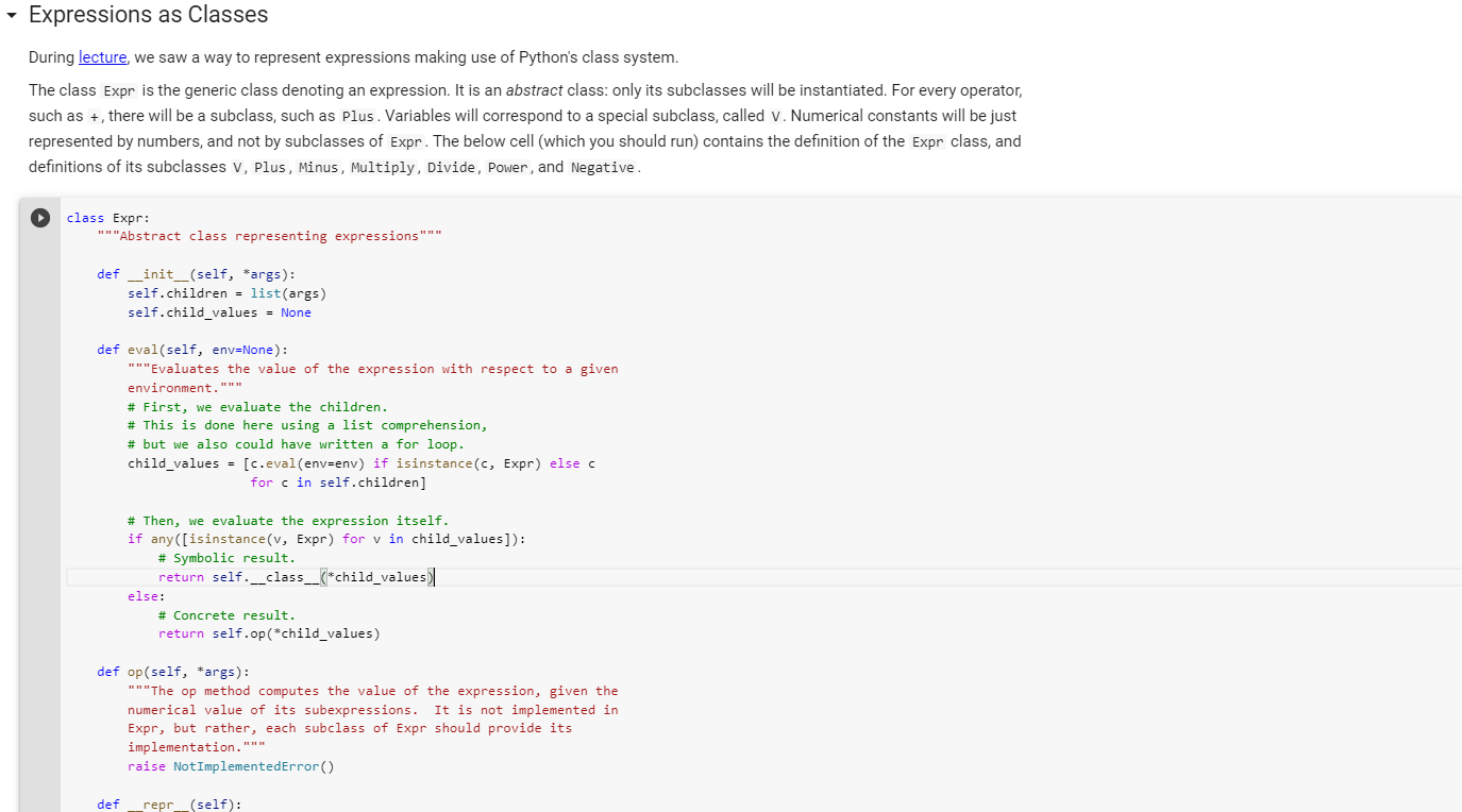 Python Problem: Starting codes: class Expr: """Abstract class representing expressions""" def __init__(self,