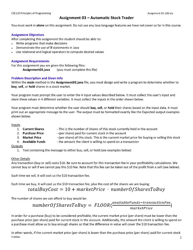  CSE110 Principles of Programming Assignment 03::100 pts Assignment 03 - Automatic