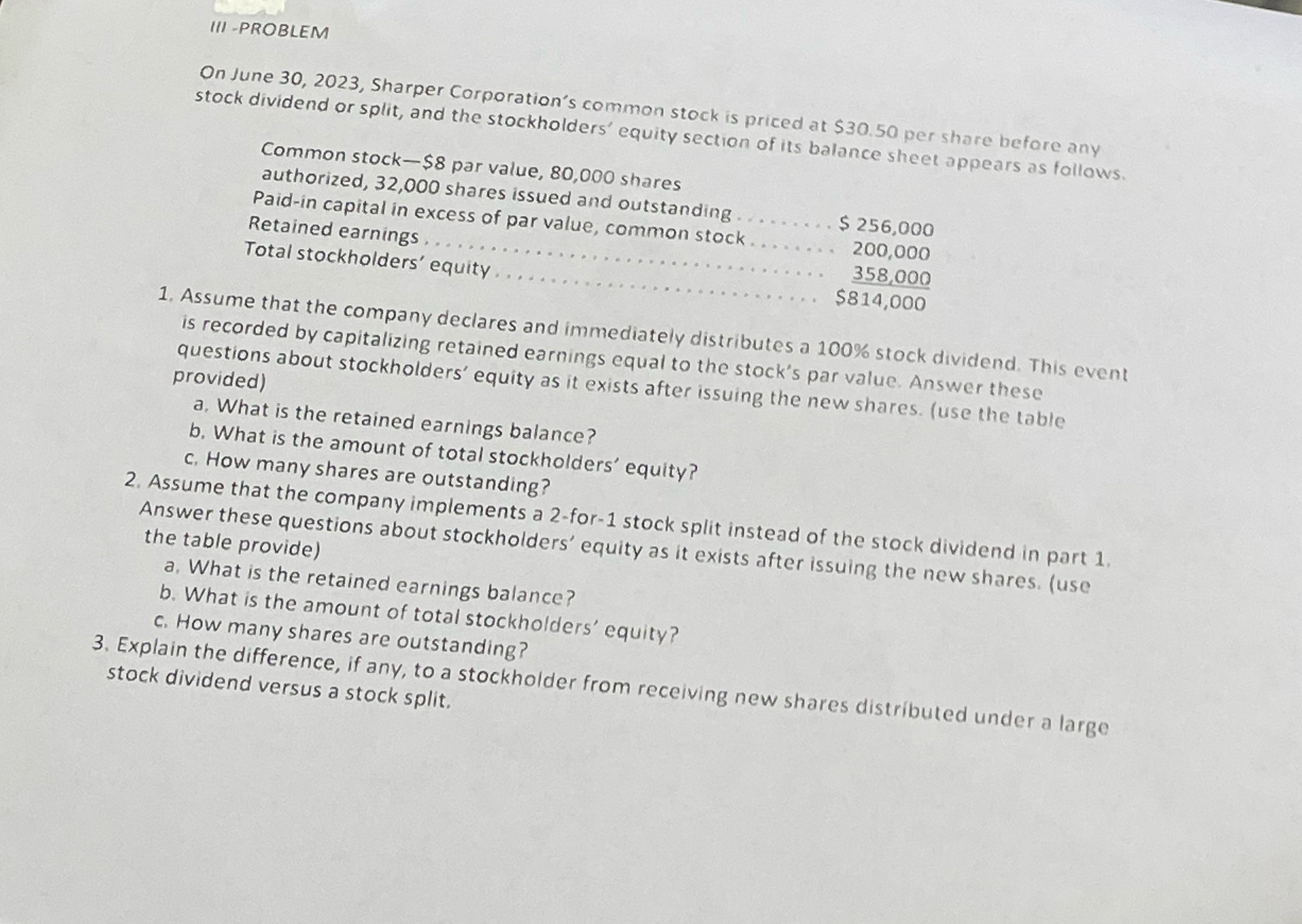  III-PROBLEM On June 30,2023, Sharper Corporation's common stock is priced at